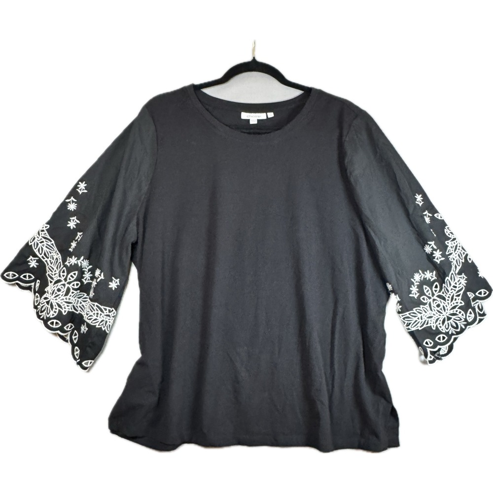 Chico's Embroidered Sleeve Top Women Size 4 XXL Black Floral Eyelet Detail